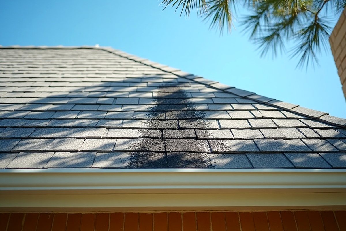 Close view of an asphalt shingle roof with long black algae streaks under a pine tree in a Houston suburb