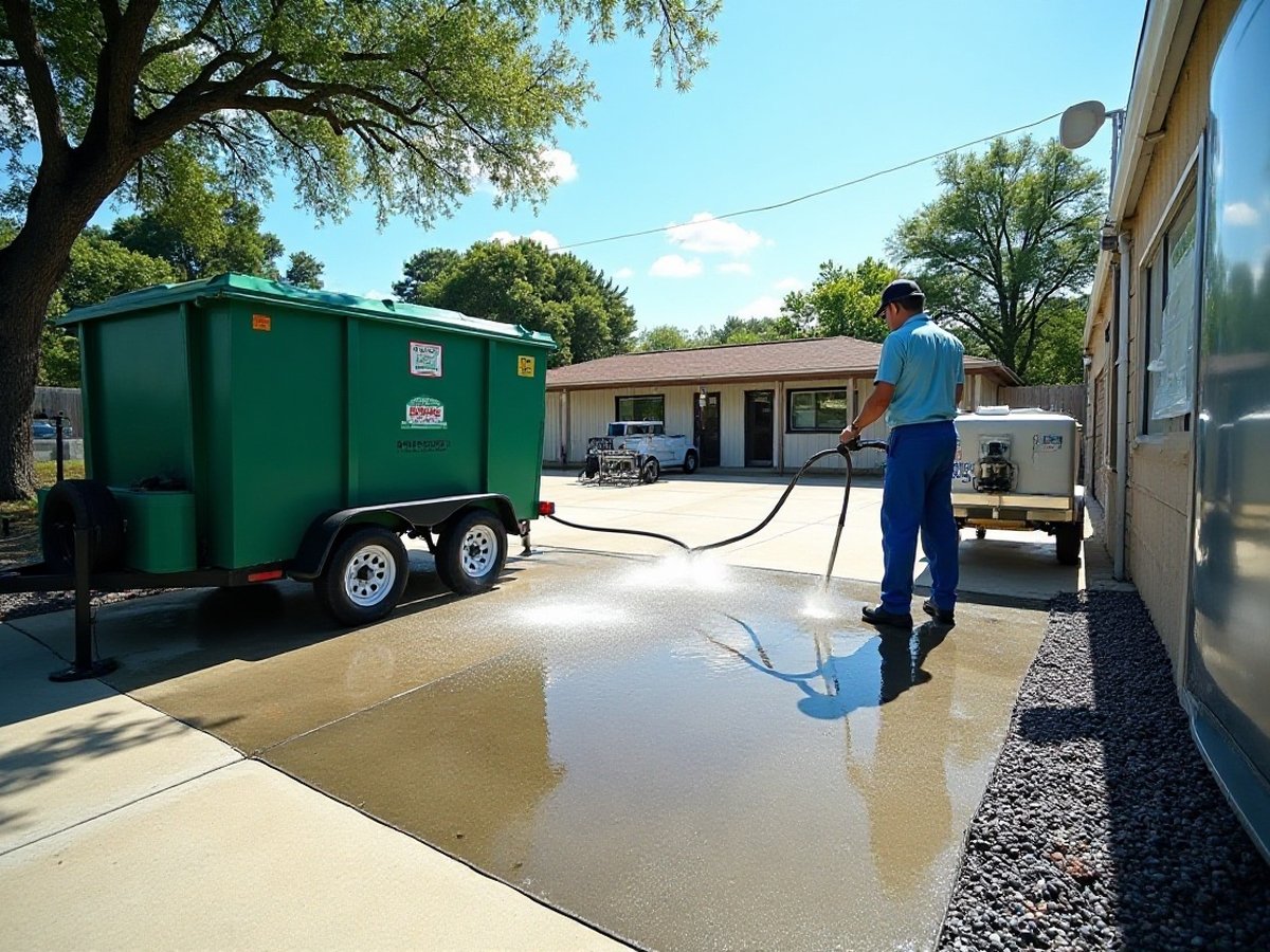 Worker washing the concrete pad beside a restaurant dumpster, with a hose running to a water recovery tank on a trailer