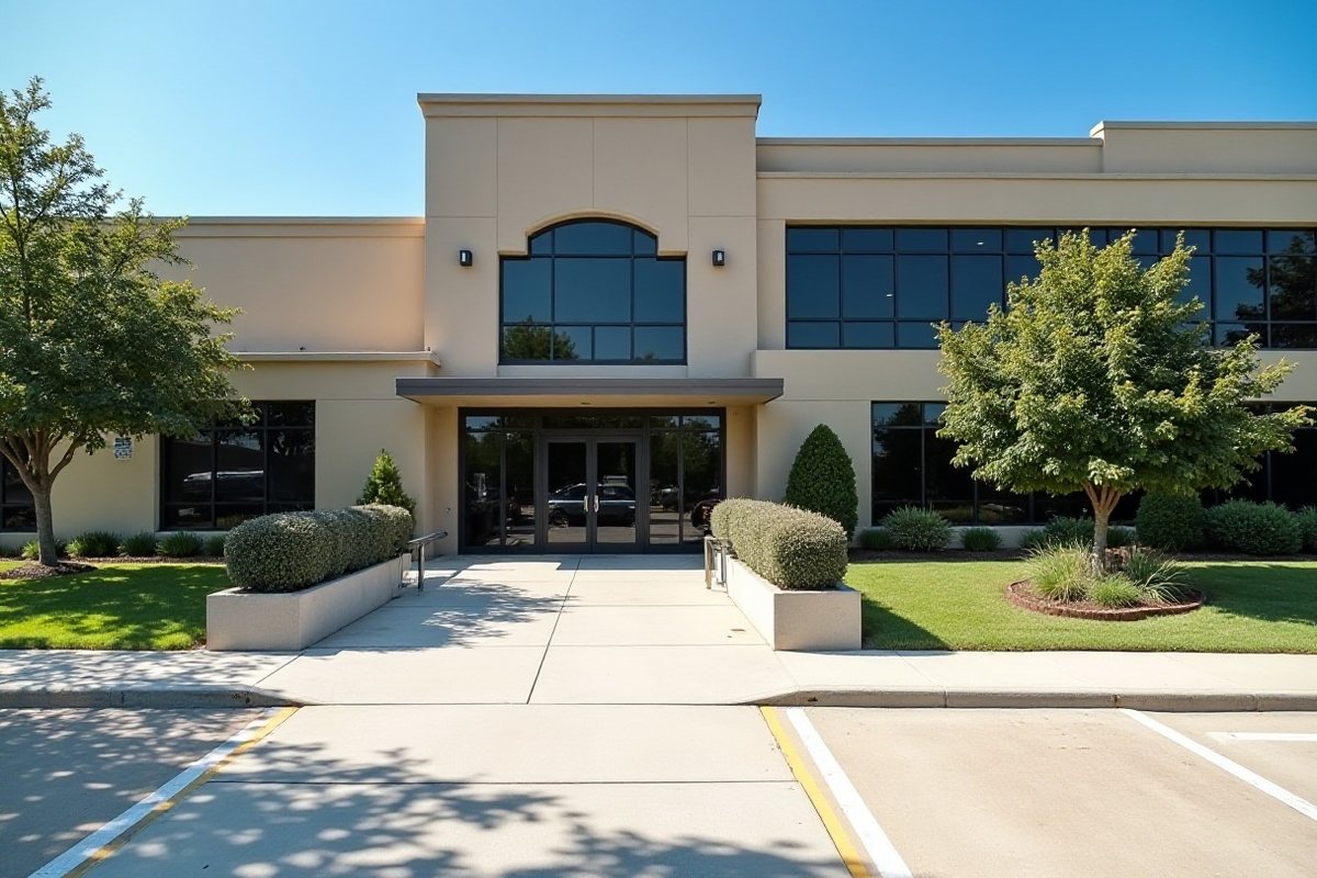 Clean concrete entry plaza and ramp in front of a low-rise office building in the Houston area