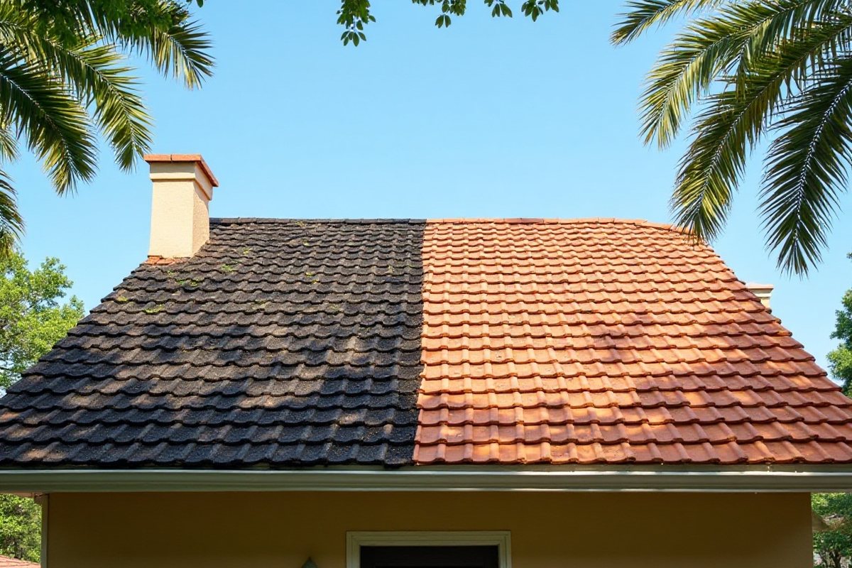 Two-story Houston-area home with a terracotta-colored concrete tile roof, half of it stained and half clean