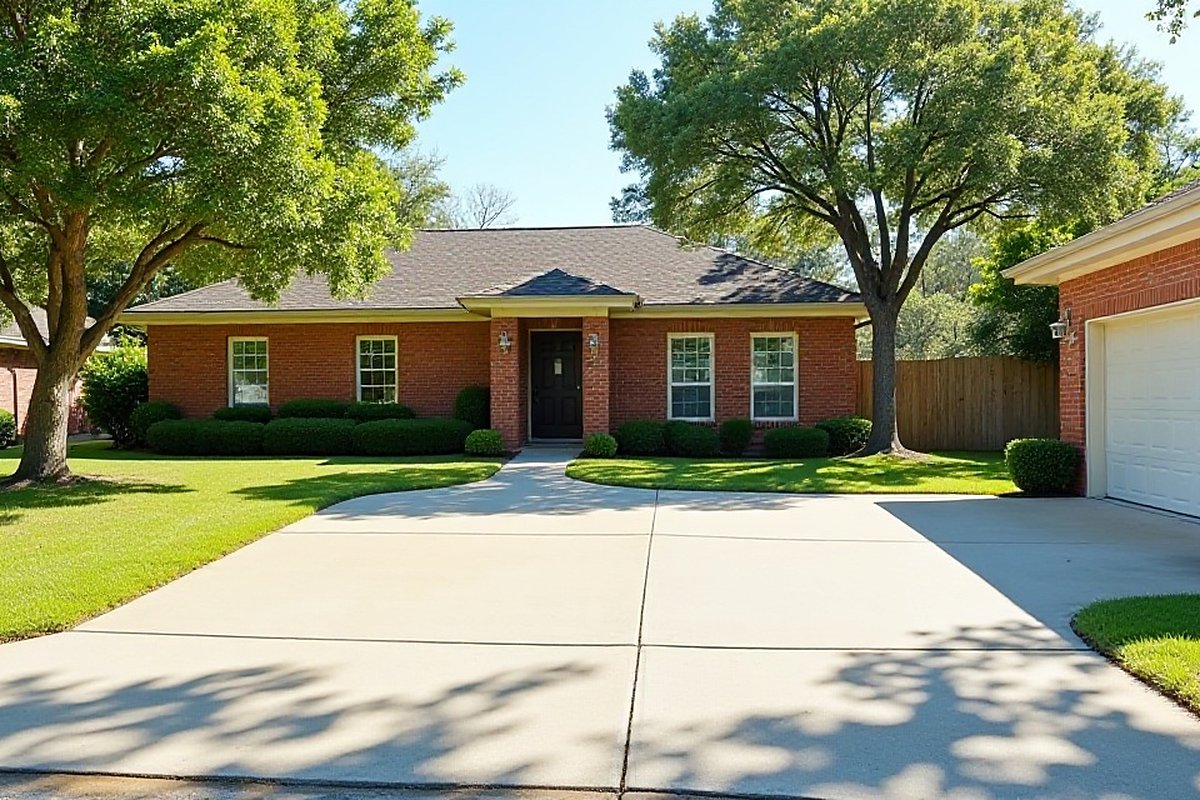 Freshly cleaned concrete driveway in front of a brick home in a Conroe subdivision