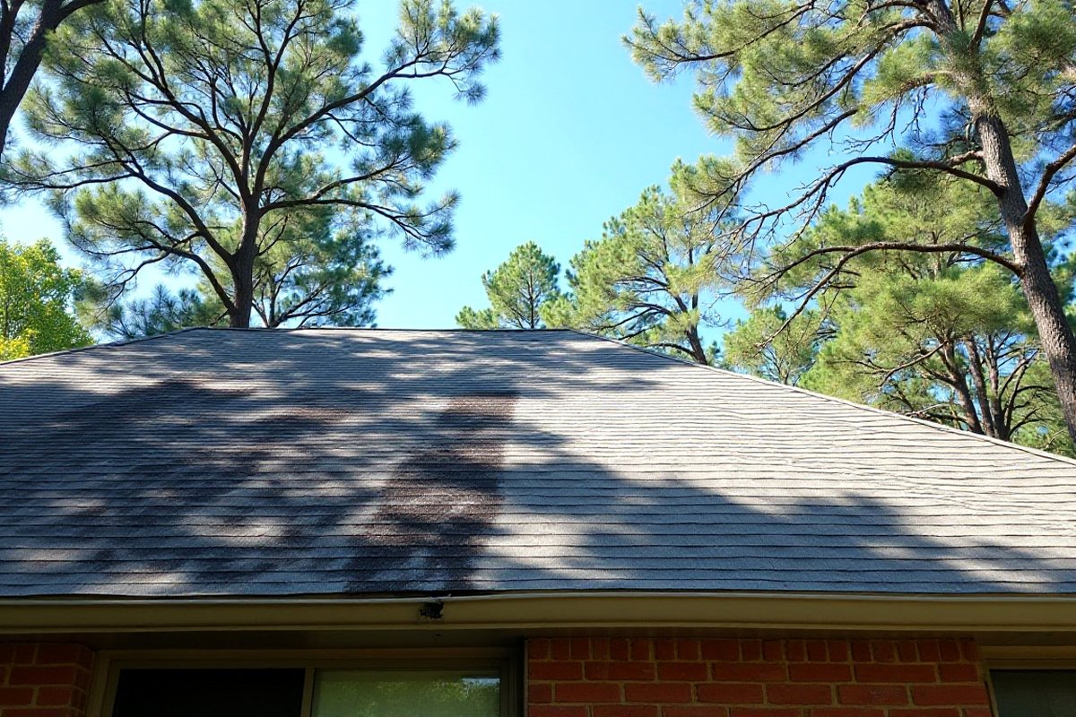 Single-story brick home in Conroe under tall pine trees with one roof slope freshly cleaned