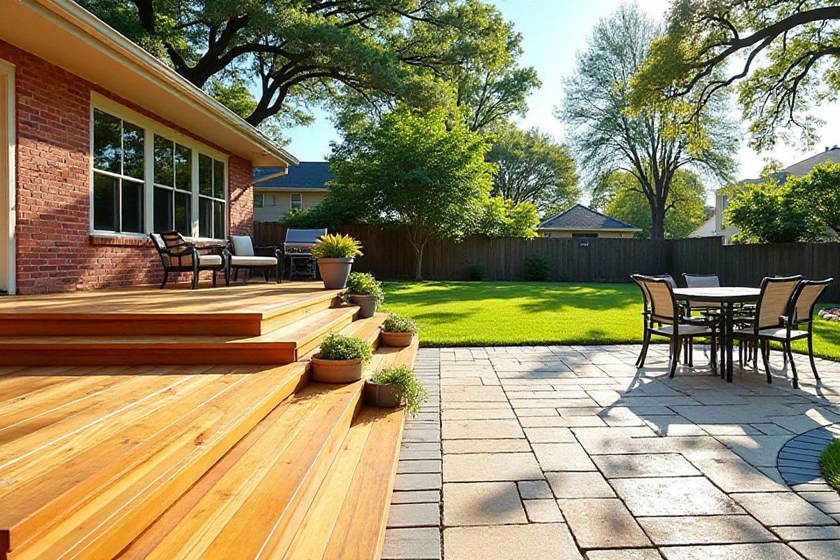 Freshly cleaned wood deck and stone patio with a dining table behind a brick home in Cypress