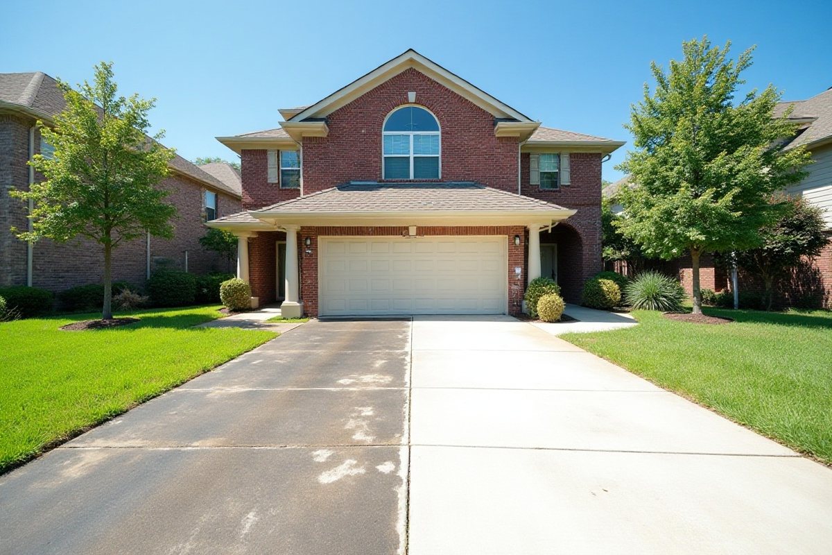Concrete driveway with one half dark with mildew and the other half freshly cleaned in a Houston suburb