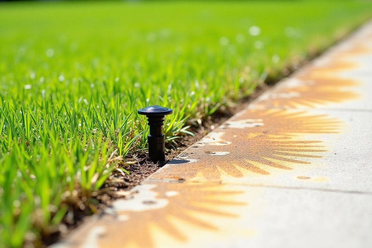 Orange rust fan stain on a concrete driveway edge next to a lawn sprinkler head