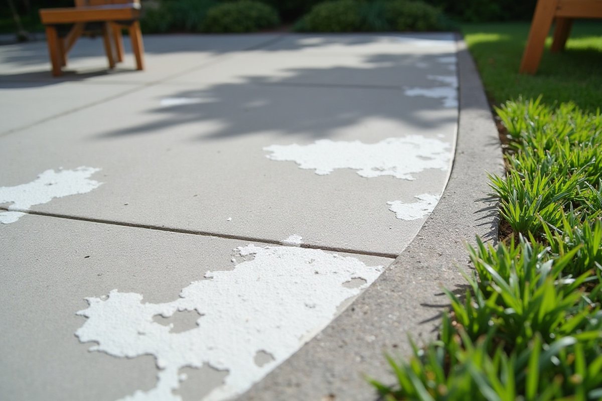 White chalky efflorescence deposits on the surface of a concrete patio next to a lawn