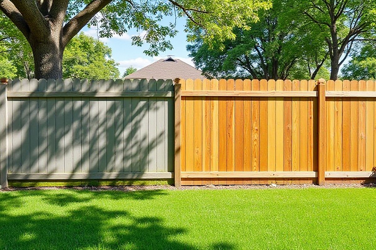 Cedar privacy fence in a Friendswood backyard, half weathered gray and half freshly cleaned to a warm brown