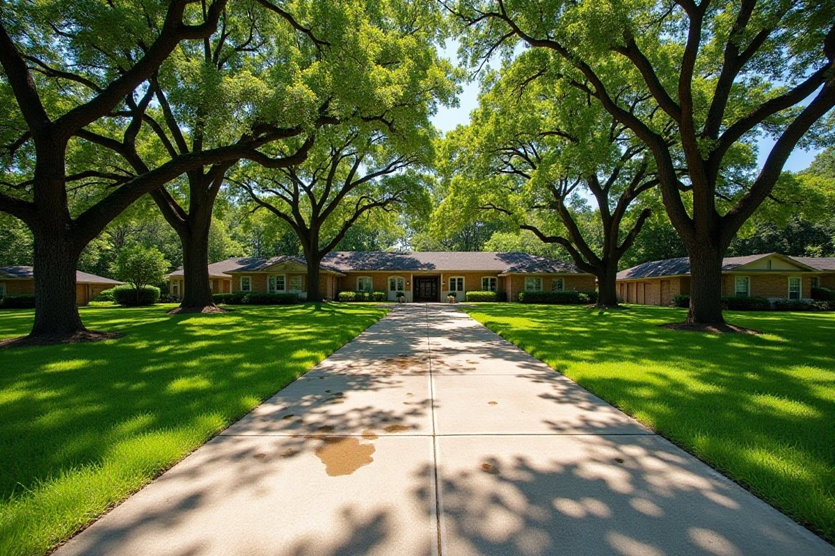 Concrete driveway under large oak trees in Friendswood with brown leaf stains in the shade