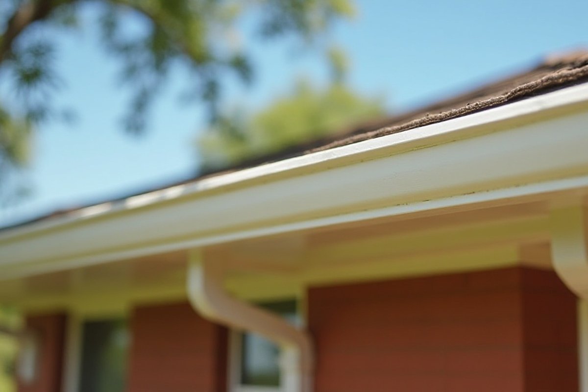 Freshly brightened white gutter and downspouts on a red brick Houston home