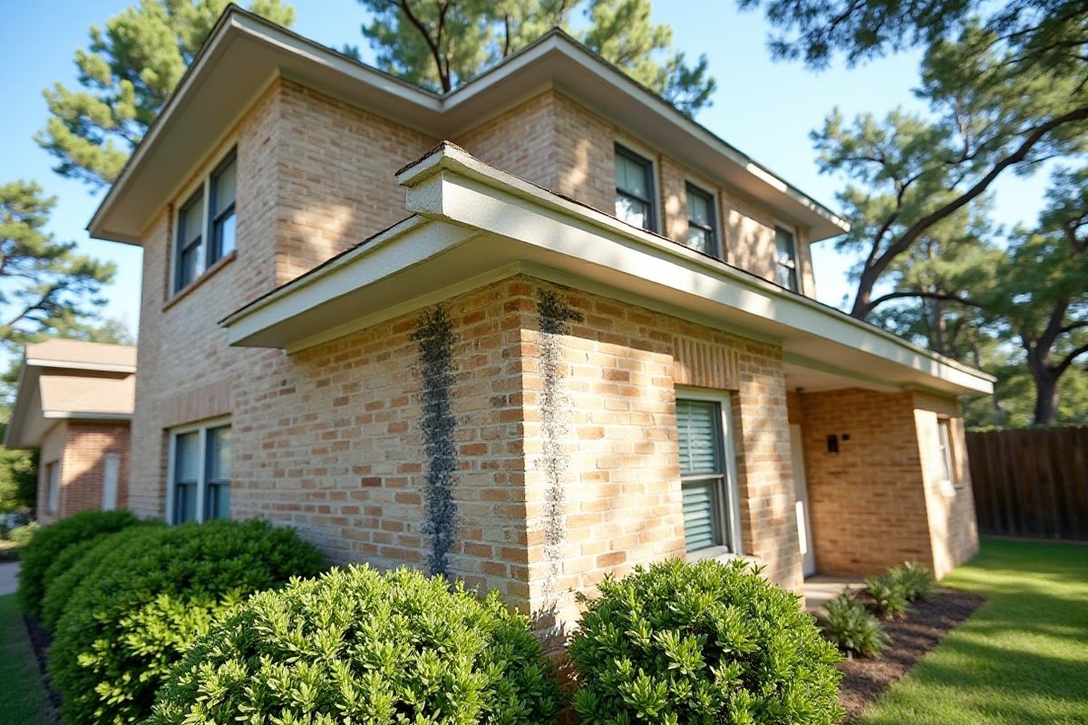 Dark vertical overflow streaks running down a brick wall below a gutter corner on a Houston home