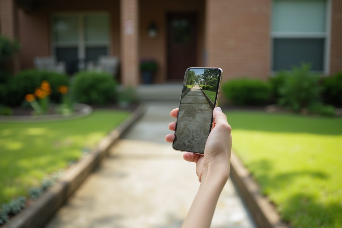 Homeowner photographing a mildewed concrete walkway with a phone to send for a pressure washing quote