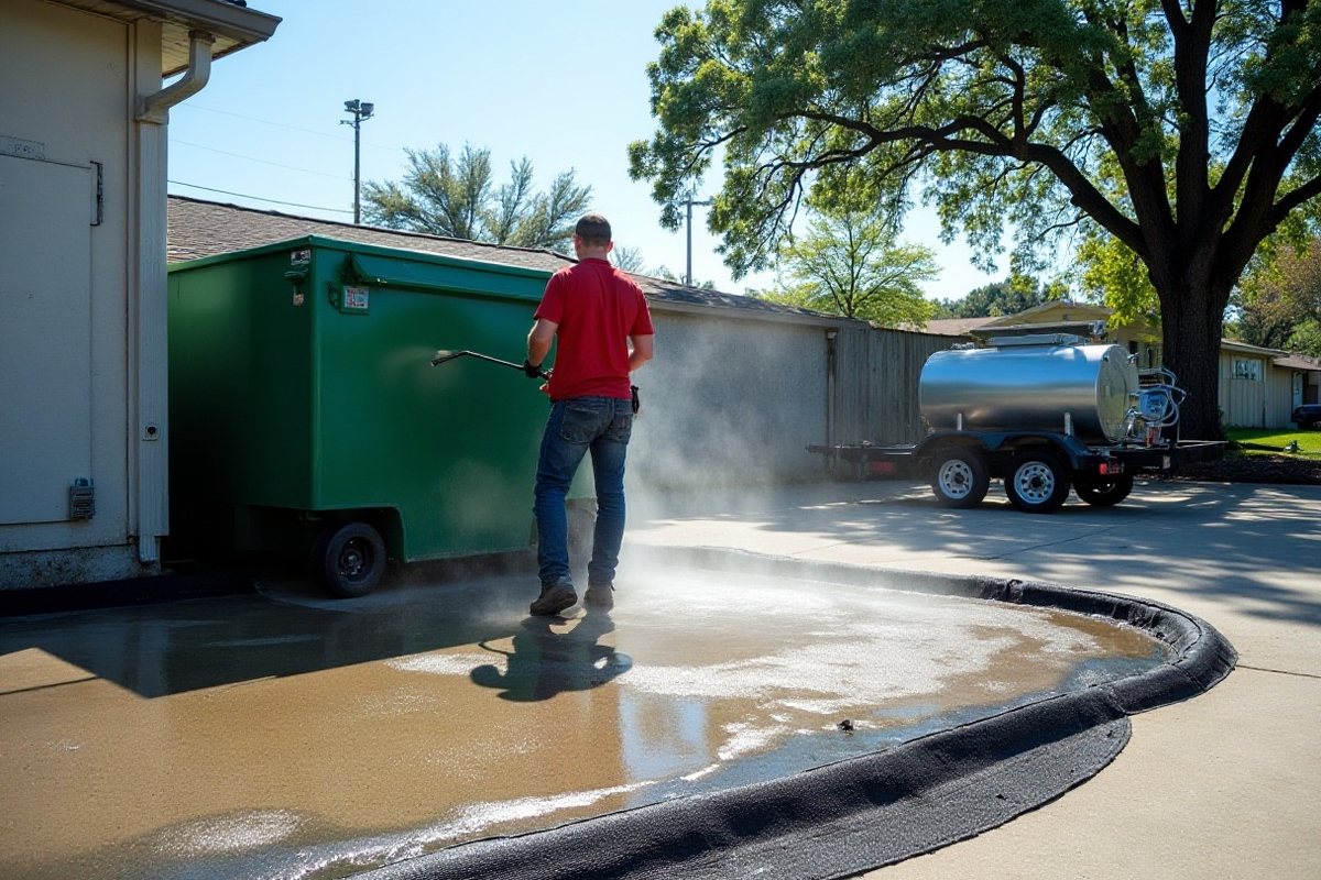 Hot water wash on a grease-stained concrete pad behind a Houston restaurant, with water being collected by a recovery mat