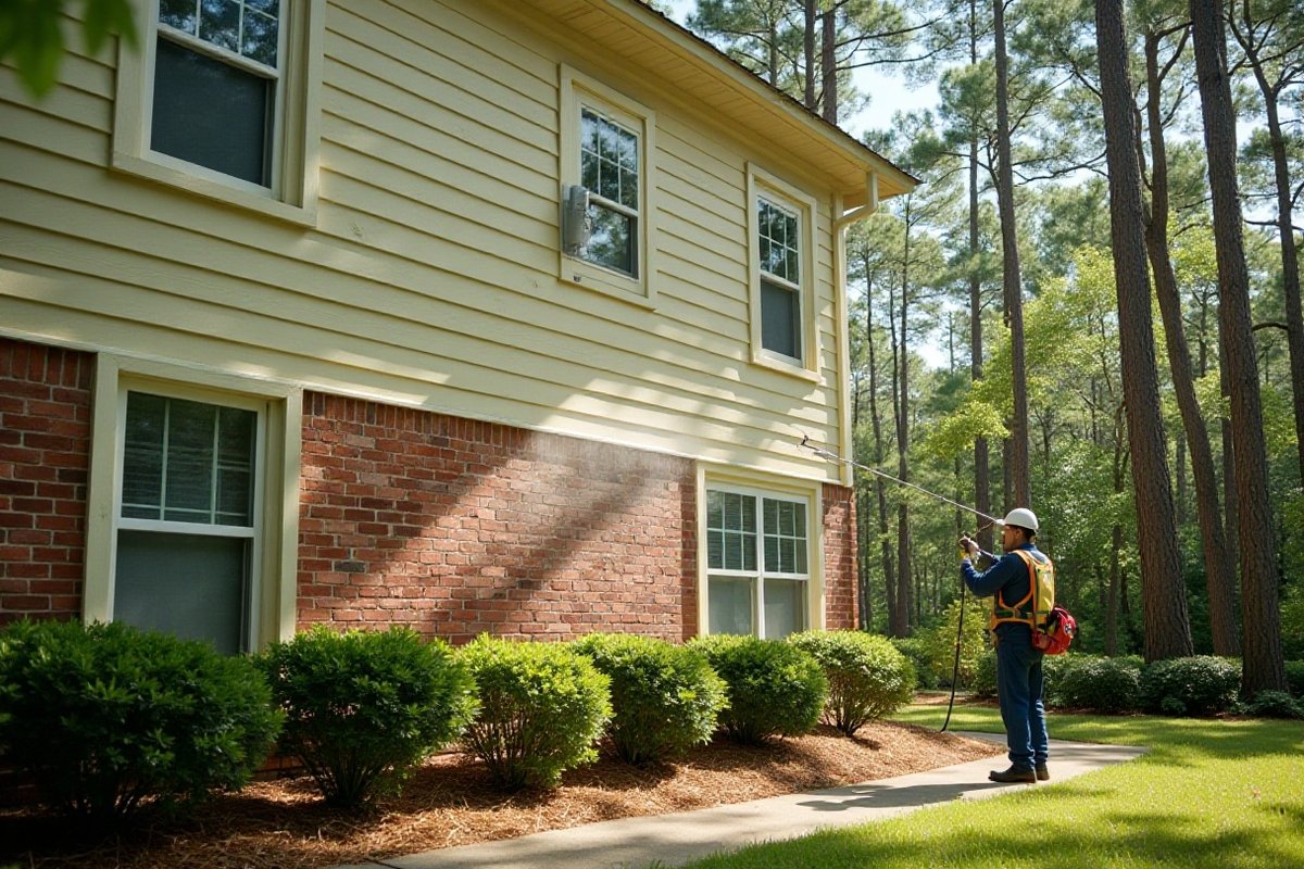 Low-pressure soft wash being applied to the siding of a two-story home among tall pines in the Houston area