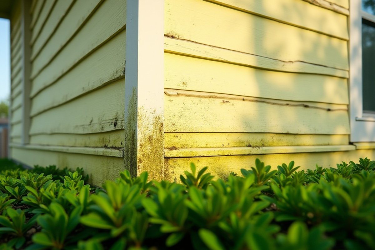 Close view of green mildew on the lower siding of a Houston-area house near shrubs