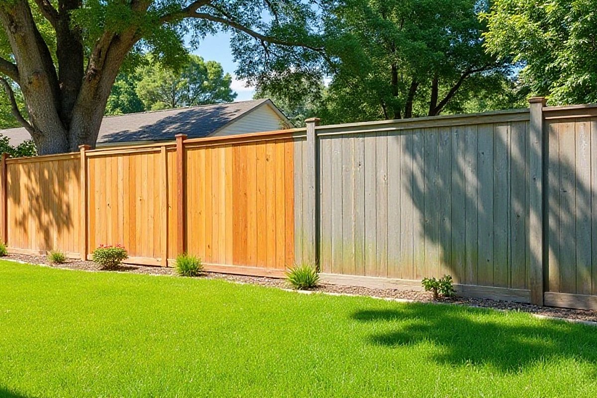 Long cedar privacy fence in a Katy backyard with one section freshly cleaned and the rest still gray and mildewed