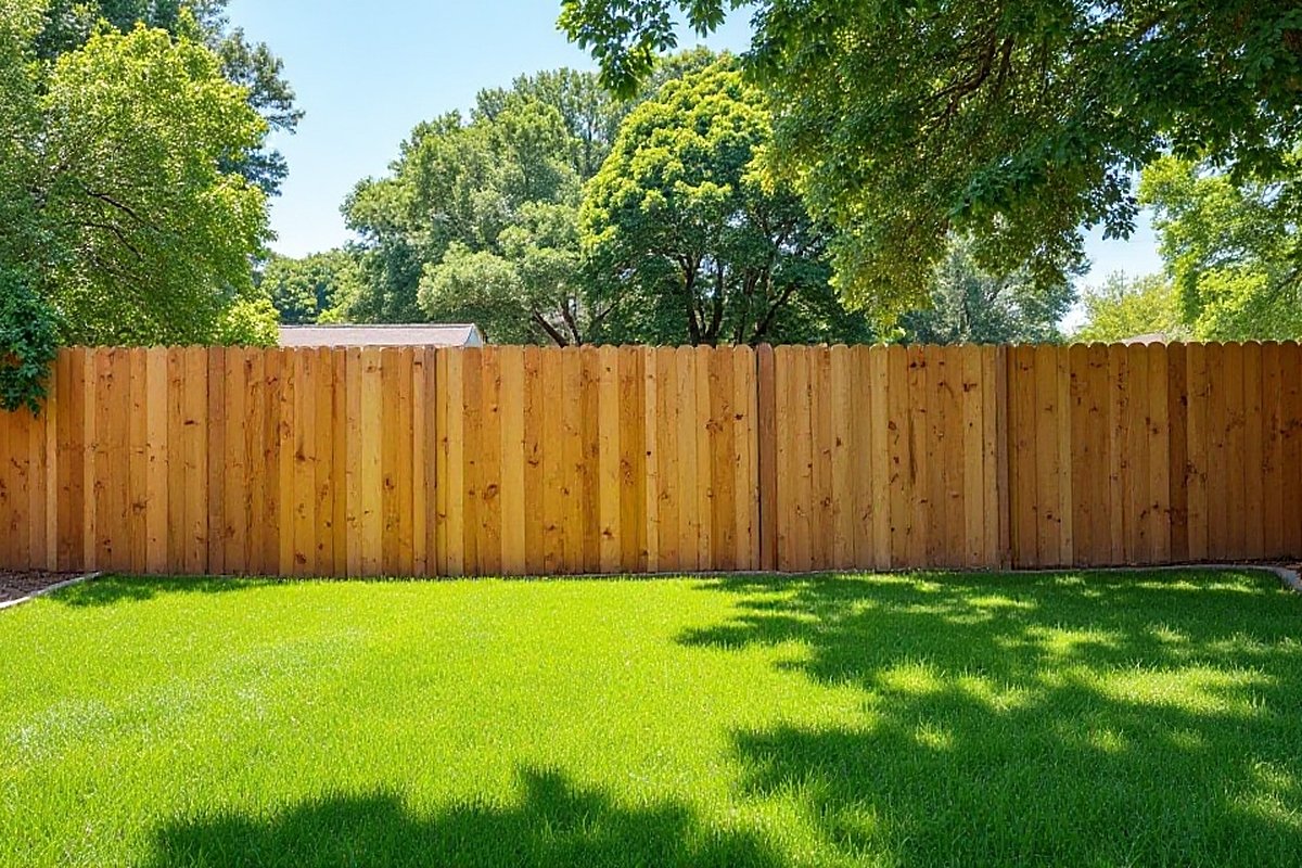Freshly cleaned wood privacy fence in a shaded Kingwood backyard