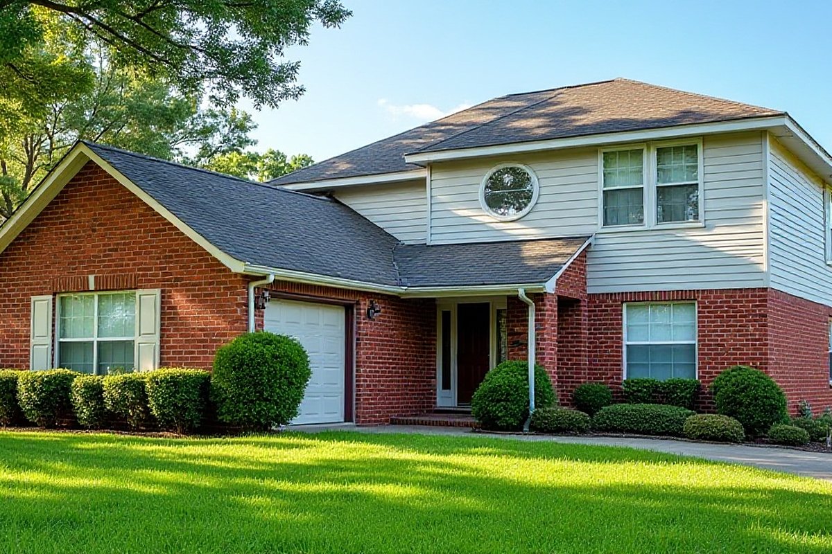 Soft washed two-story brick and siding home in League City with a clean front walk
