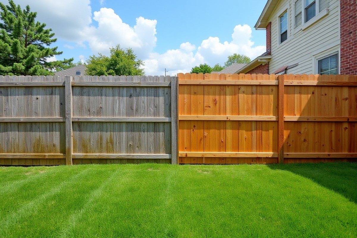 Cedar privacy fence in a League City backyard, half cleaned and half still gray with a faint water line