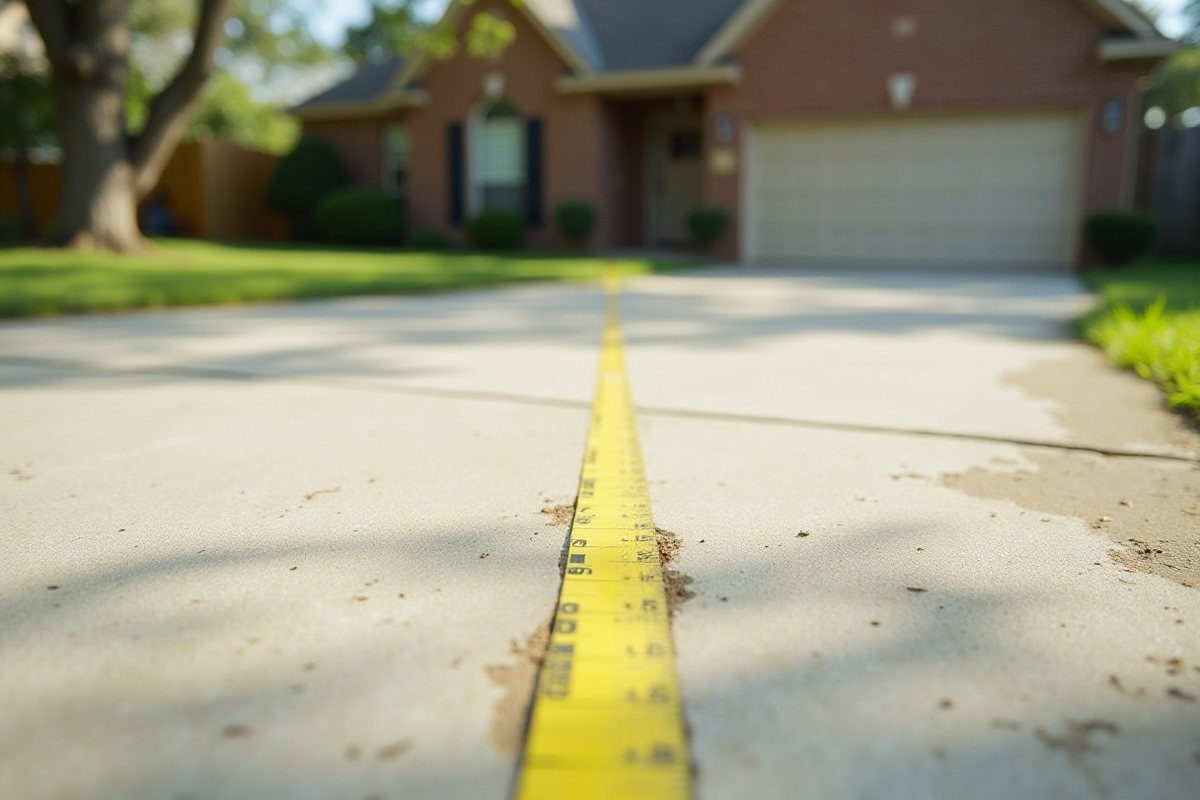 Tape measure stretched across a concrete driveway in front of a Houston-area home