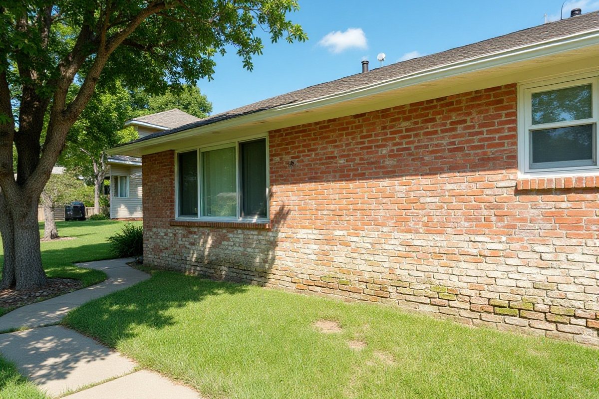Side wall of a 1970s brick ranch home in Missouri City with green mildew on the lower brick