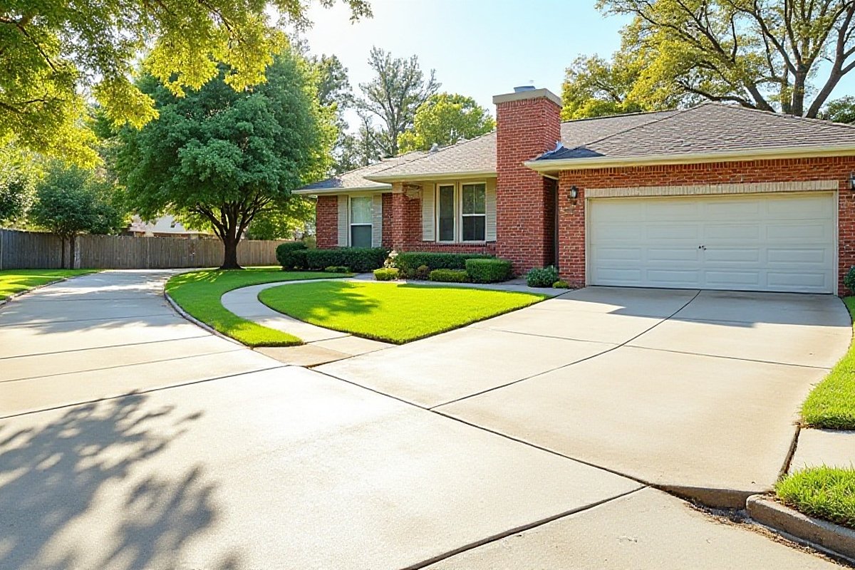 Brick home in Missouri City with a freshly cleaned concrete driveway and wood privacy fence