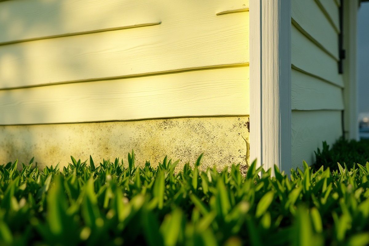 Green mildew film on the shaded north wall of a house beside a hedge, with the sunny front wall still clean