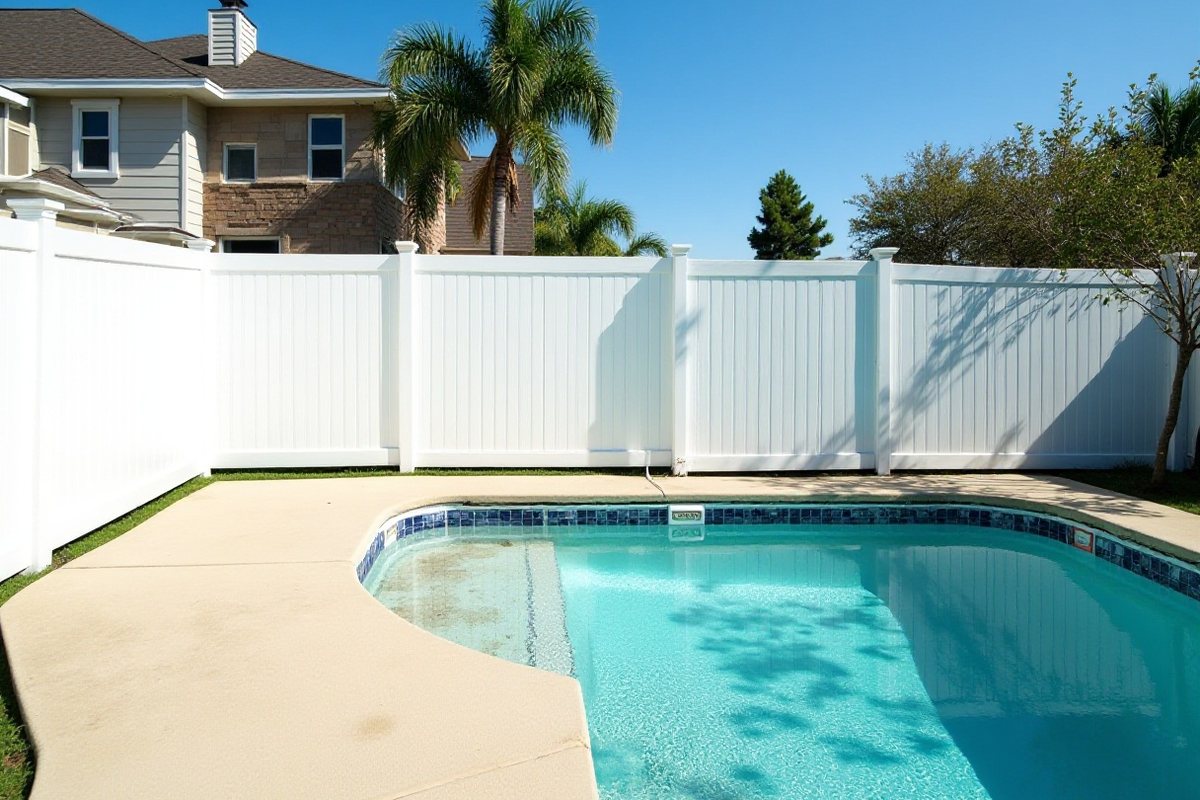 Freshly cleaned concrete pool deck beside a white vinyl fence behind a Houston-area home