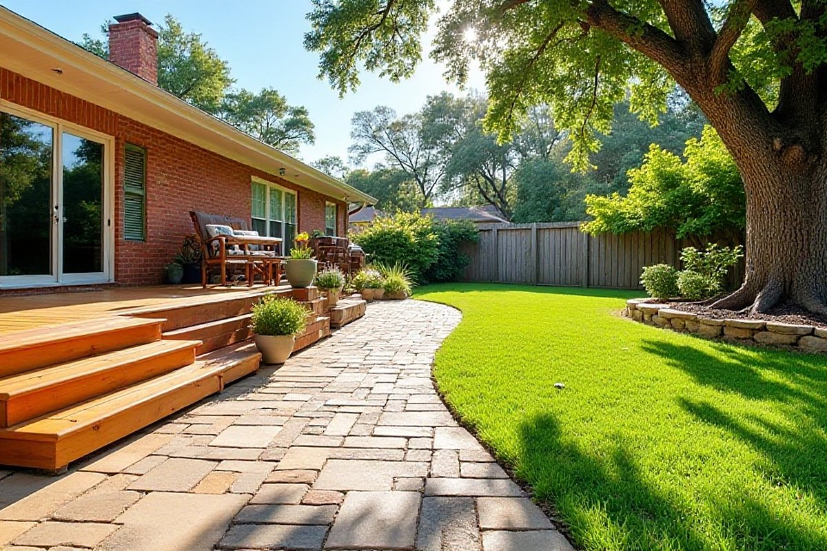 Freshly cleaned stone paver walkway and wood deck behind a Houston-area brick home