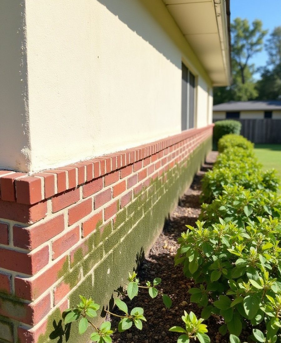 Cream stucco home in Pearland with green mildew on the lower red brick wainscot beside a flower bed