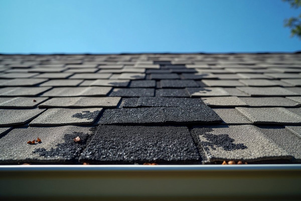 Close view of gray asphalt shingles with black algae streaks below a roof ridge