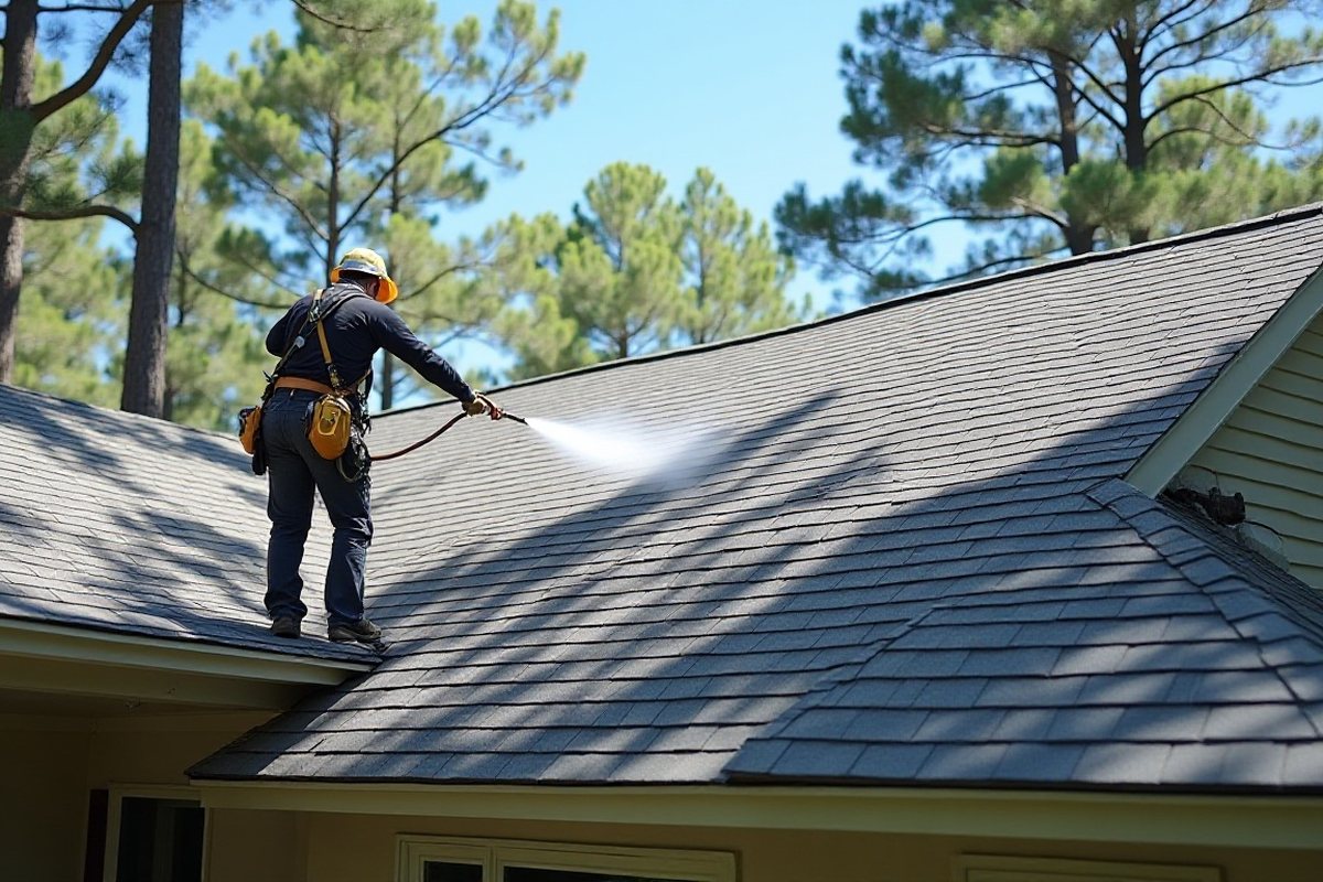 Roof cleaner in a safety harness applying a gentle low-pressure spray to a shingle roof in a Houston neighborhood