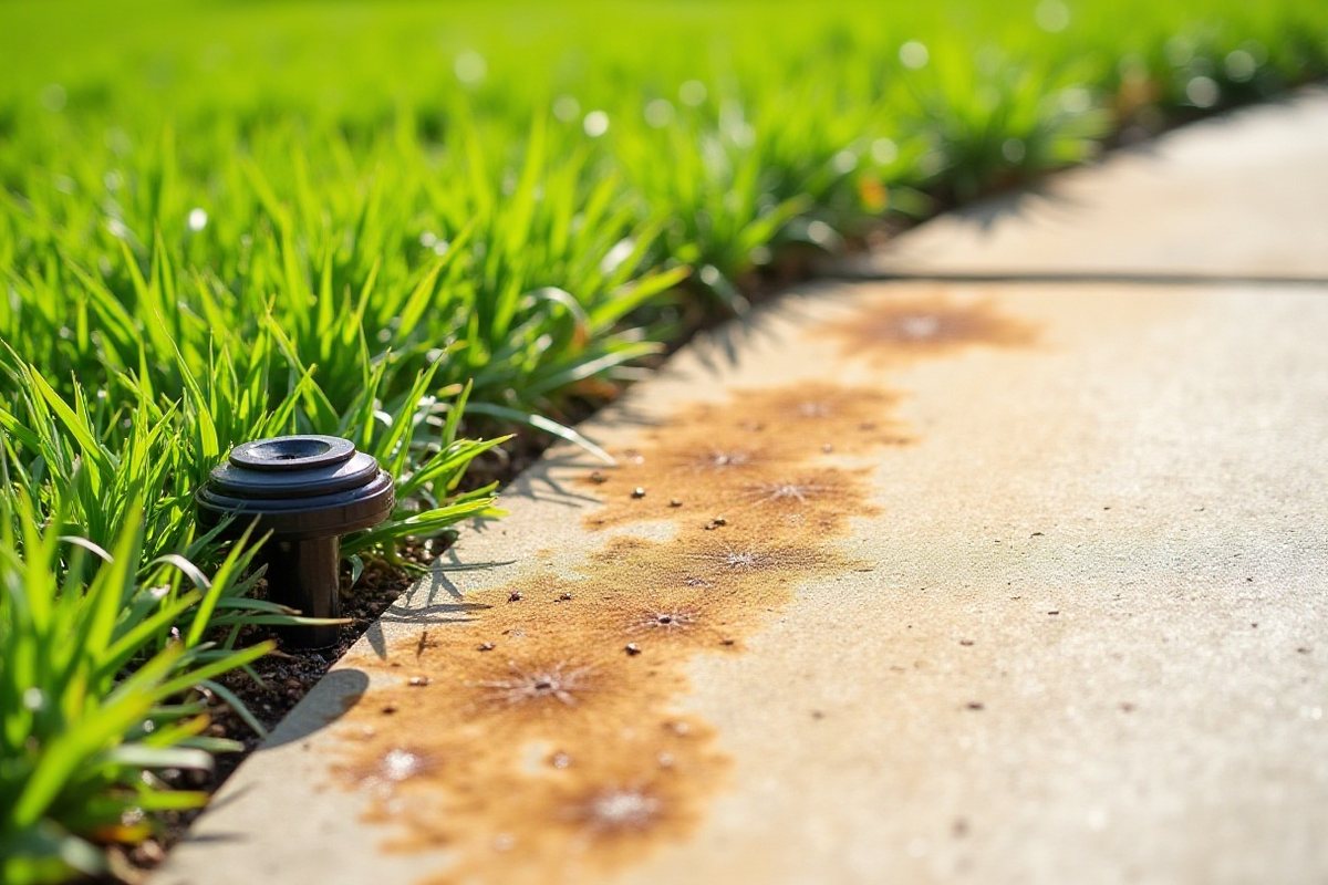 Orange fan-shaped rust stains from a sprinkler head along the edge of a concrete walkway beside a lawn
