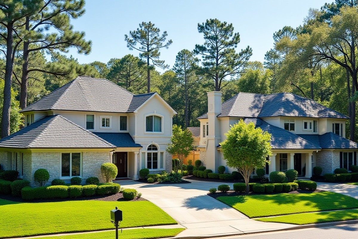 Suburban Houston street with clean concrete driveways and two-story homes under tall pines