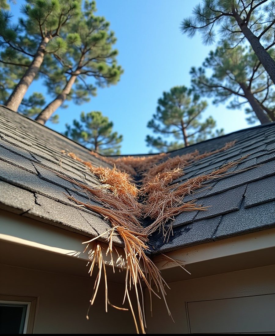 Brown pine needles piled in the valley of a dark shingle roof on a Spring, Texas home