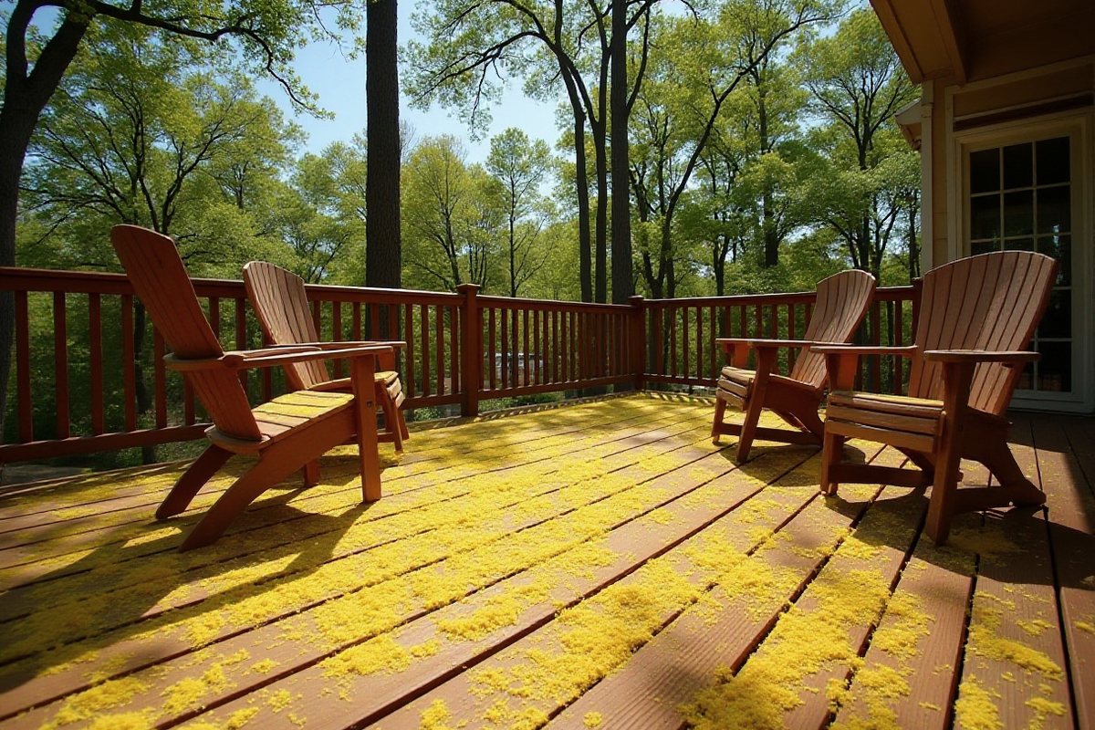 Wood deck and patio chairs dusted with yellow pine pollen behind a home in Spring, Texas