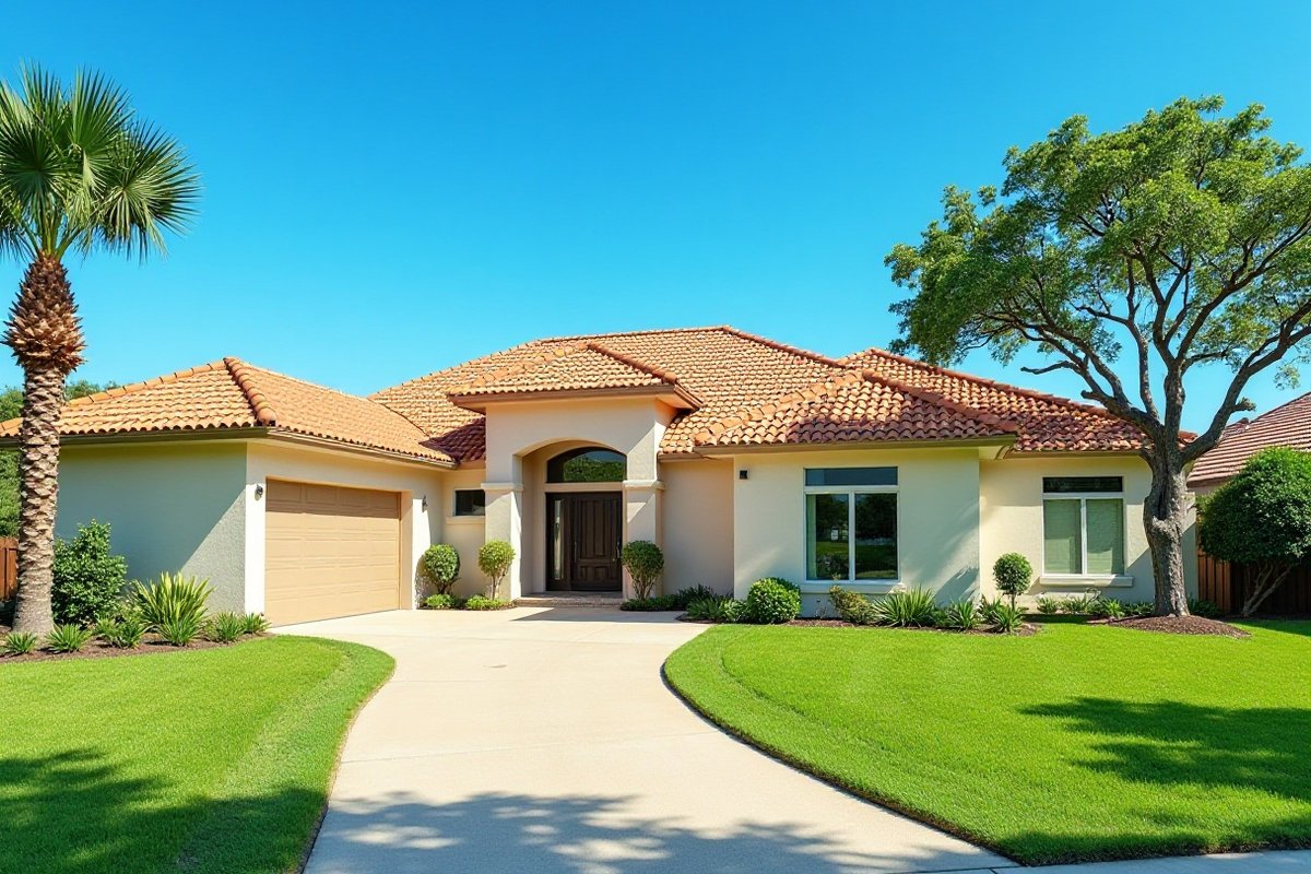 Cream stucco home with clean walls and arched windows behind a green lawn in a Houston suburb