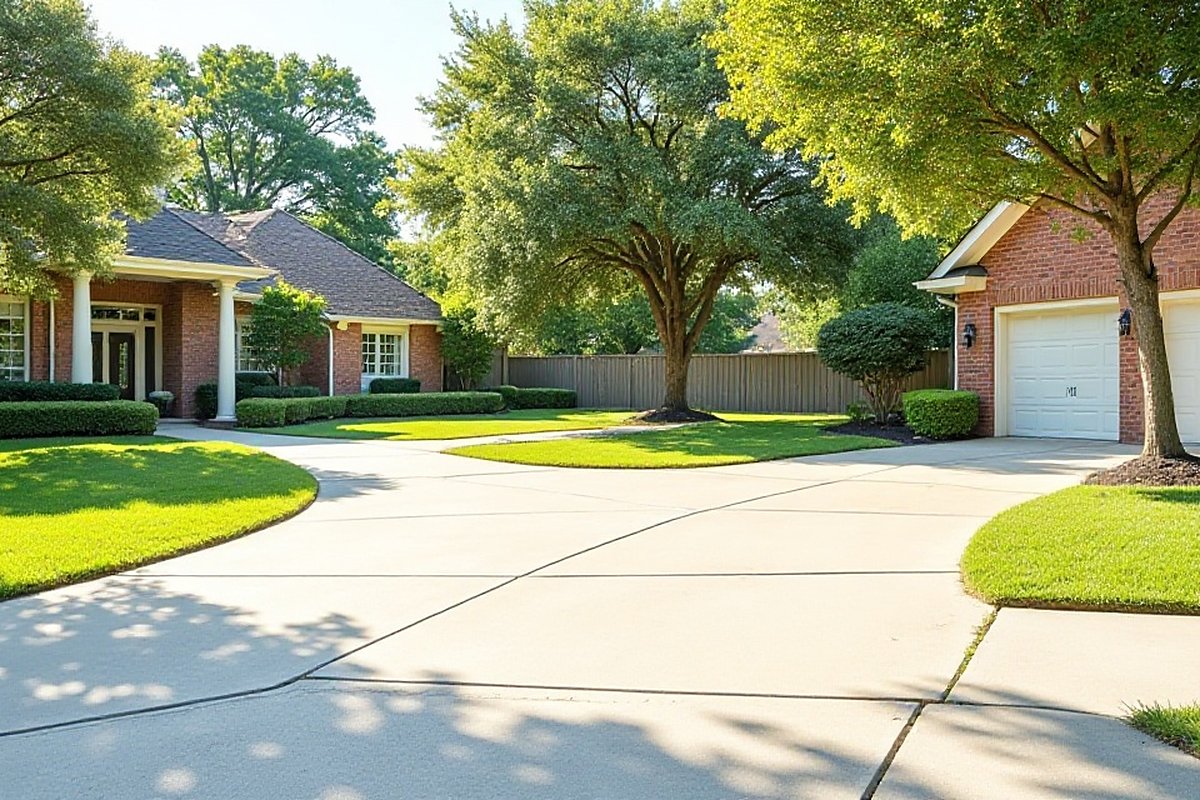 Freshly cleaned concrete driveway and front walkway in front of brick homes in Sugar Land