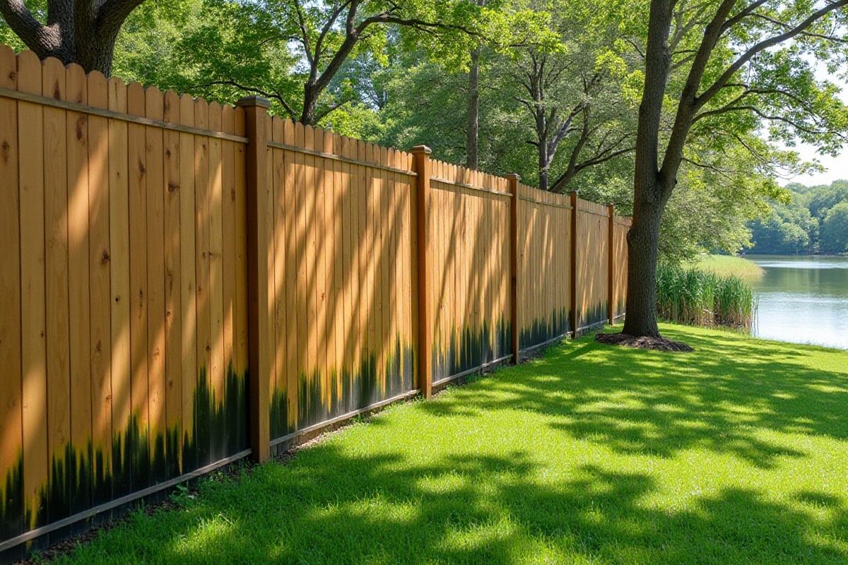 Wood fence with dark mildew along the bottom boards behind a Sugar Land lake lot