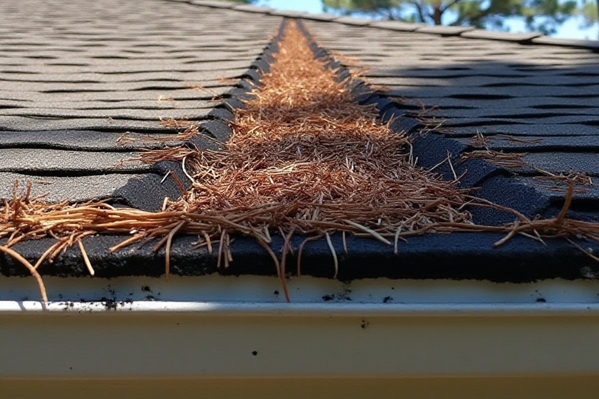 Pine needles gathered in the valley and gutter of a shingled roof on a wooded Woodlands lot