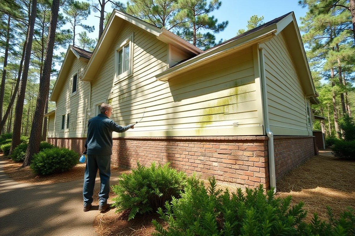 Soft washing green mildew off the shaded side of a siding-clad home surrounded by pine trees