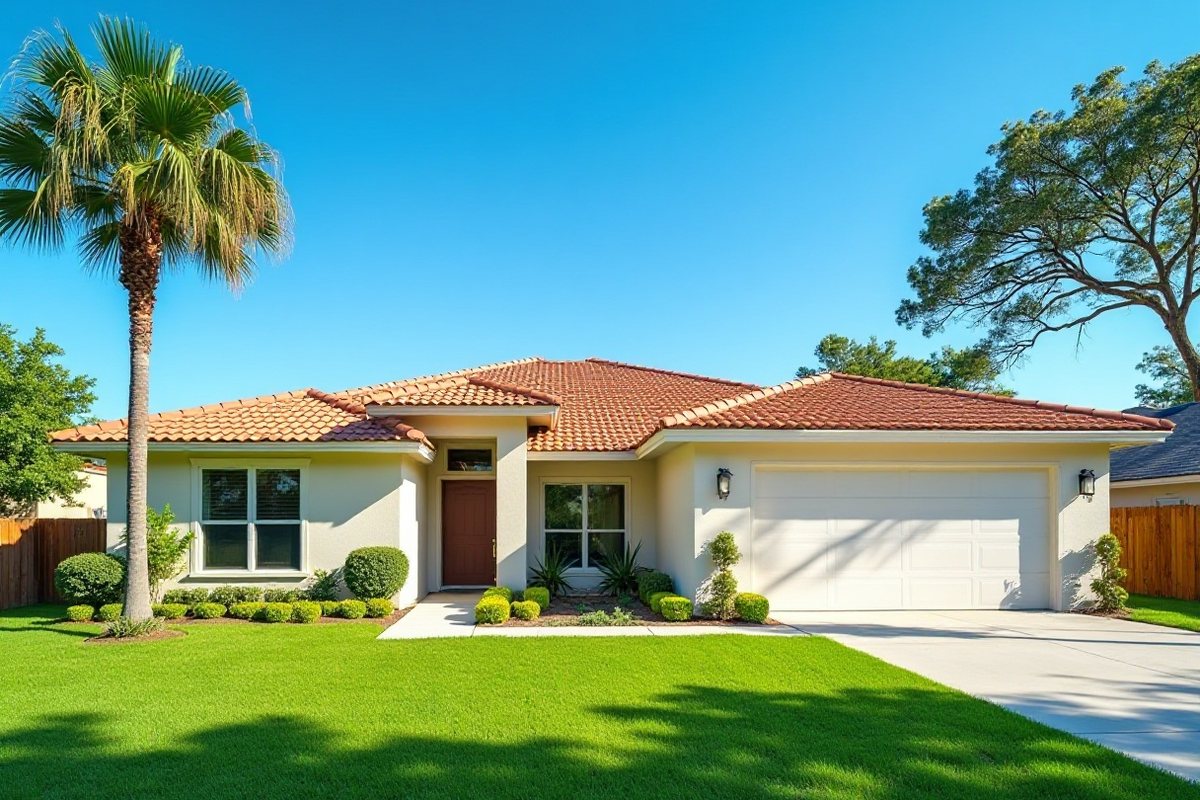 Clean terracotta tile roof on a stucco home with palm trees under a blue sky in a Houston suburb