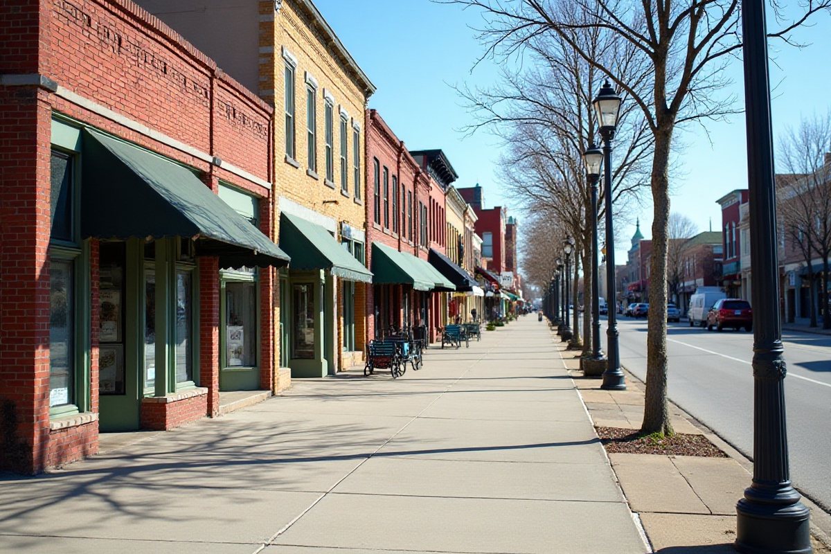 Clean red brick storefront and sidewalk in a small Texas railroad town downtown