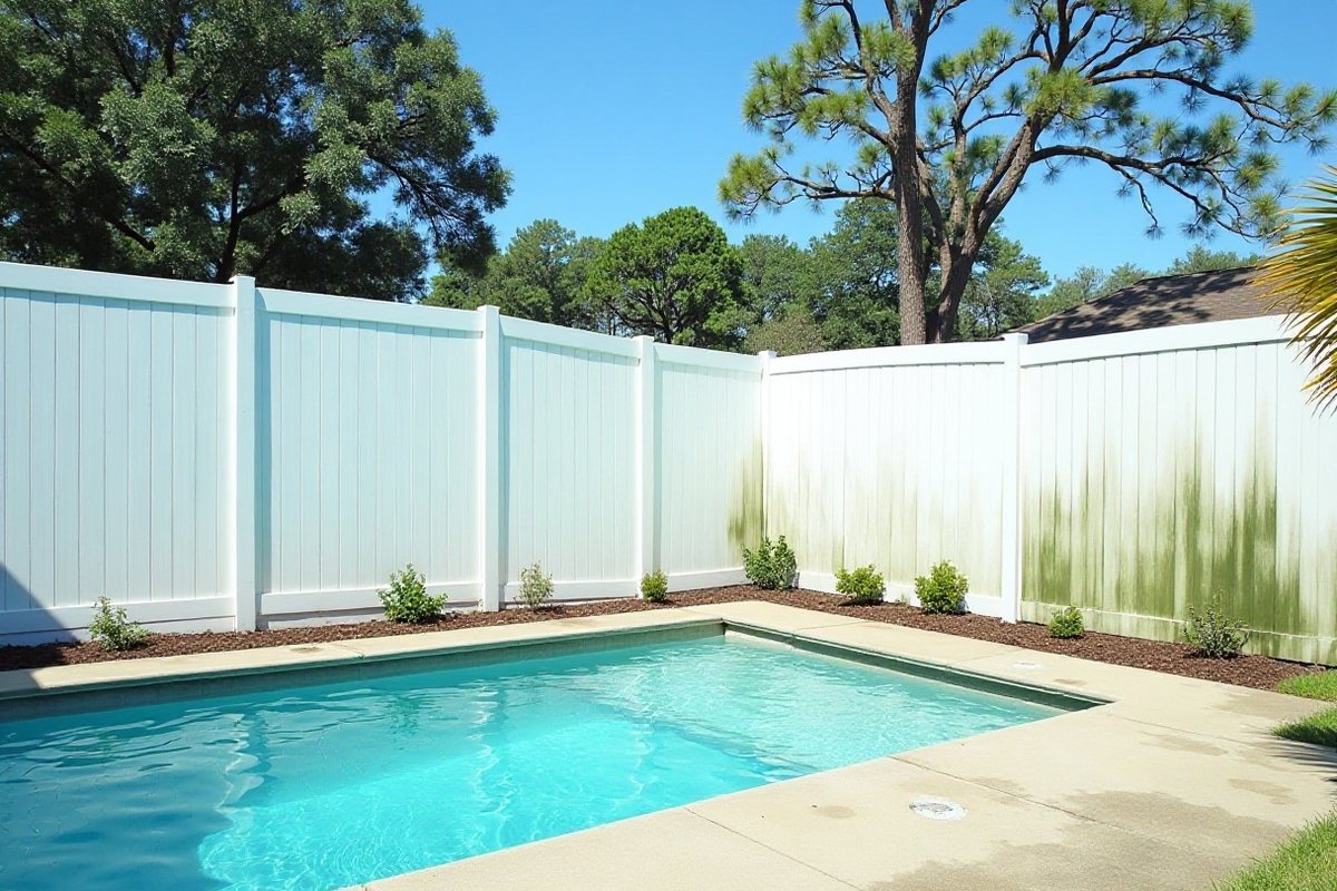 White vinyl privacy fence beside a backyard pool deck, with a cleaned section next to a green, mildewed section