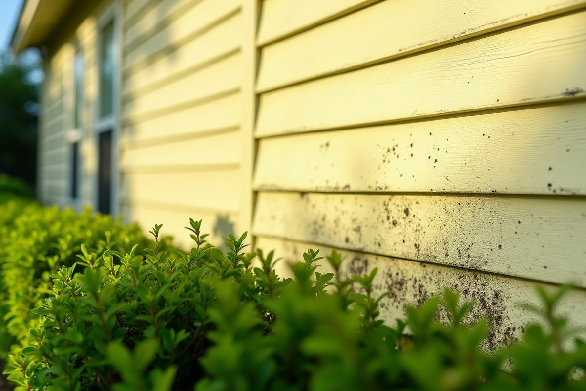 Close view of light siding with dark mildew spots along the lower boards beside shrubs
