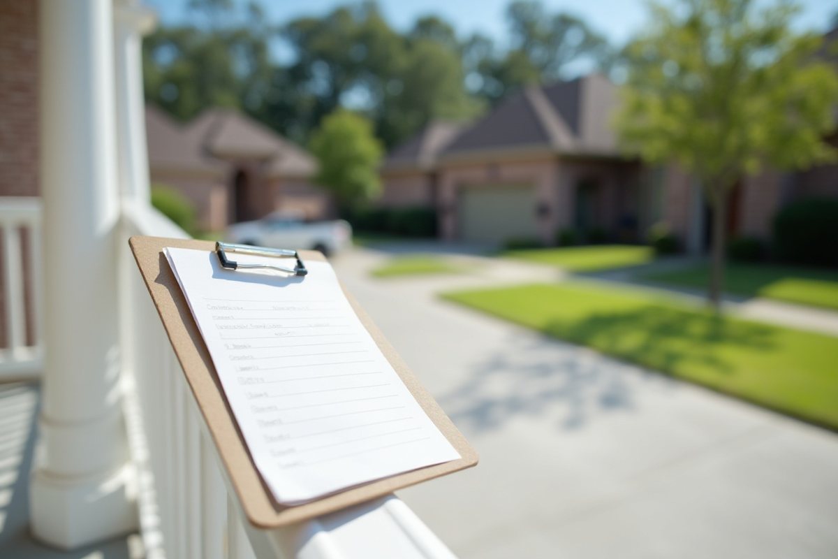 Itemized written quote on a clipboard resting on a porch railing in front of a freshly cleaned Houston driveway