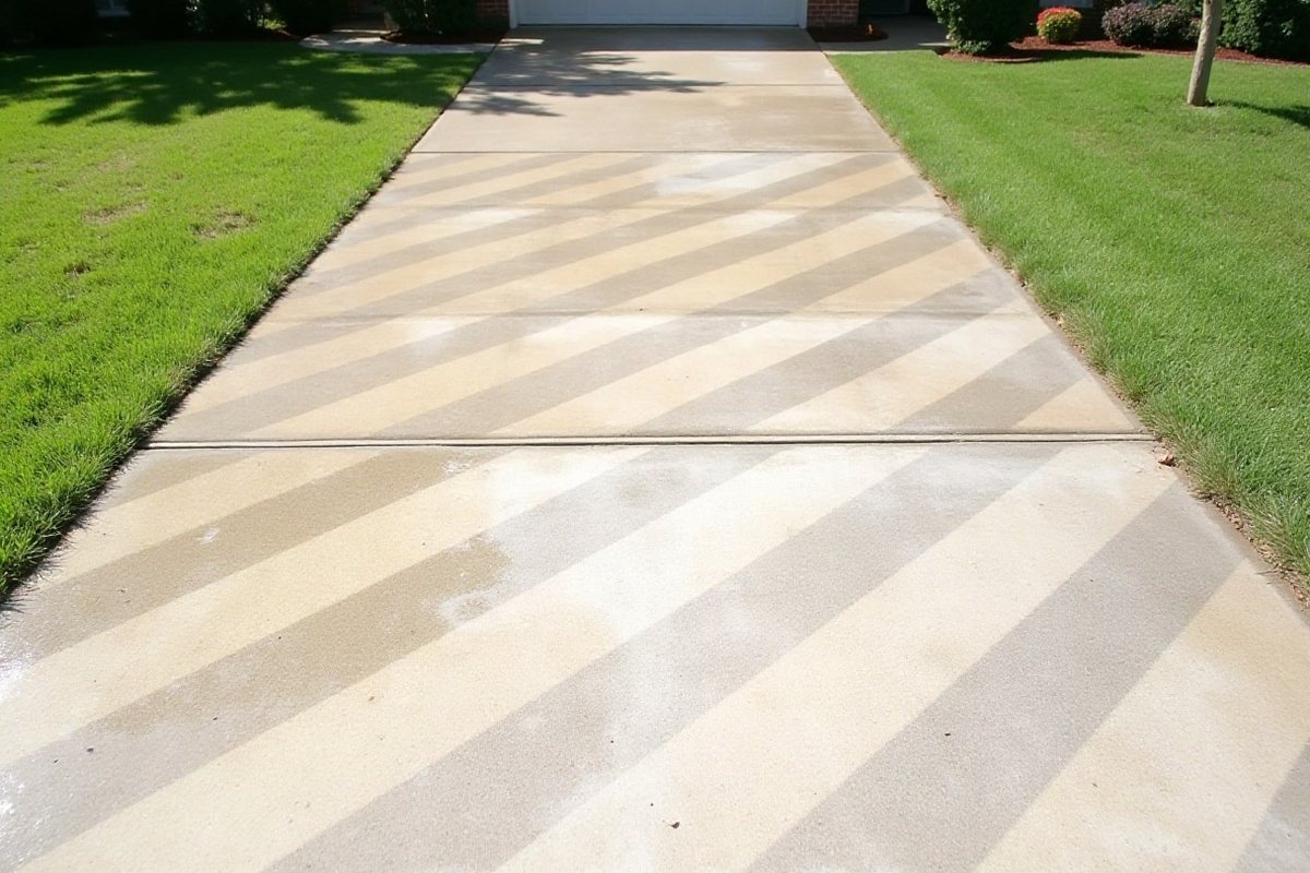 Concrete driveway showing light and dark zebra stripes left by hand wand pressure washing